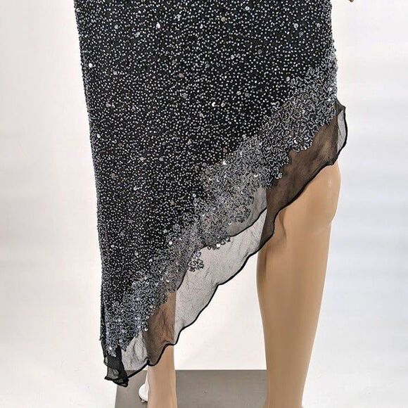 Vintage 90s Scala Silk Gown Black Beaded Sequins Off Shoulder Siren Size M - Picture 6 of 13